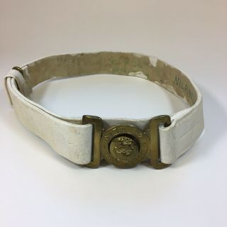 Vintage Ww2 Era British Army White Painted Leather Belt Brass Buckle Military