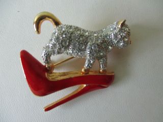 Vintage Gold Tone/ Crystal Pave Cat / Red Enamel High Heel Shoe Pin Brooch