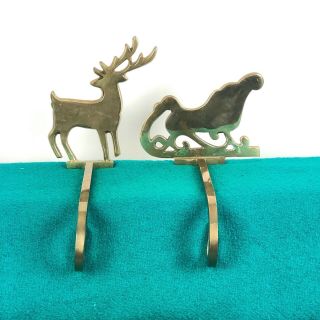 Vtg Brass Christmas Stocking Holder Hanger Sleigh & Reindeer Long Arm Set Of 2