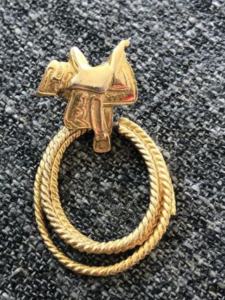 Signed Jj Vintage Western Brooch Pin Saddle And Rope Pin Back Gold Tone Look