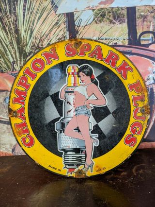 Old Vintage 1961 Spark Plug Porcelain Gas Station Pump Sign Service Motor Oil