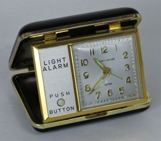 Vintage Phinney - Walker Lighted Travel Alarm Clock Wind - Up Fold - Up Hard Case