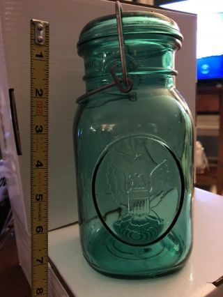 Vintage Ball Ideal Quart Blue Glass Canning Mason Jar Wire Bail - 8