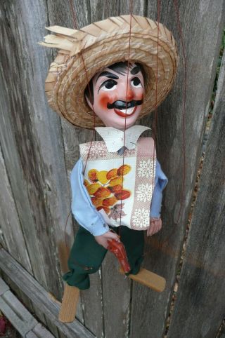 Vintage Mexican Man Marionette Folk Art Wooden Sombrero Gun String Puppet