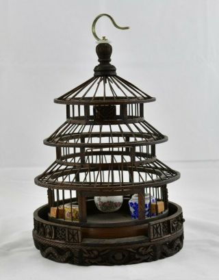 Vintage Chinese Hand Carved Birdcage With 3 Ceramic Bird Feed Bowls