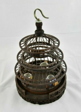 Vintage Chinese Hand Carved Birdcage with 3 Ceramic Bird Feed Bowls 3