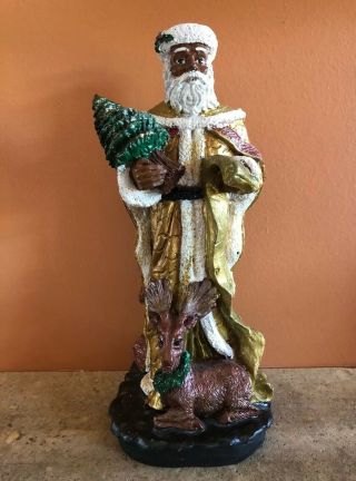 Vintage Black African American Santa Claus W/ Deer Christmas Tree Figurine 10”