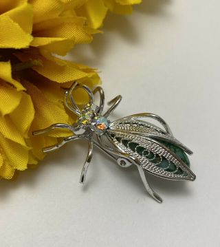 Vintage Victorian Insect/bug Brooch Pin Mixed Glass Green Stone Ab Crystals B1