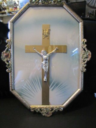 Vtg Religious Convex Bubble Glass Metal Picture Frame Jesus Crucifix Cross