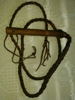 Vintage 6 Ft Plaited Brown Leather Bull Whip Bullwhip Inc 8 " Wooden Handle
