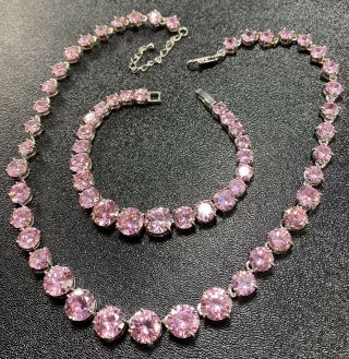 Vintage Set Necklace 16 - 18” Bracelet 7.  5” Pink Crystal Rhinestones Lot3