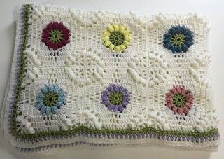 Vintage Handmade Crochet Blanket Afghan Granny Square Rose 68 X 55