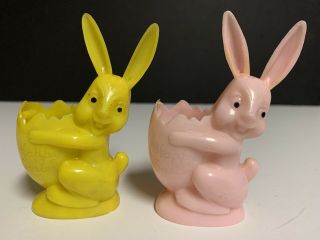 2 Vintage Hard Plastic Easter Bunny Rabbit W/ Egg Candy Holder Containers
