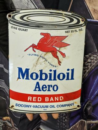 Dated 1947 Old Vintage Mobiloil Socony Motor Oil Can Porcelain Gas Pump Sign