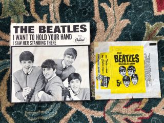 Vtg 1964 The Beatles Bazooka Bubble Gum Wrapper & I Want To Hold You Hand Sleeve