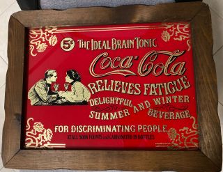 Vintage 1900’s - Coca Cola Glass Sign (the Ideal Brain Tonic) Wooden Frame