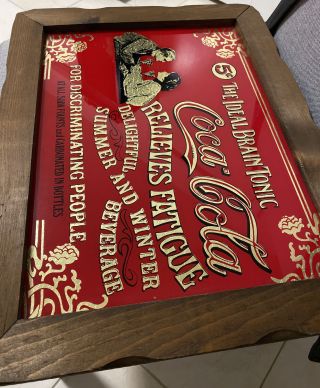 VINTAGE 1900’s - Coca Cola Glass Sign (THE IDEAL BRAIN TONIC) Wooden Frame 2