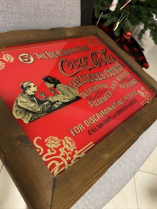 VINTAGE 1900’s - Coca Cola Glass Sign (THE IDEAL BRAIN TONIC) Wooden Frame 3