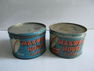 2 Vintage Coffee Tins Maxwell House 1 Pound W/original Lids Drip & Regular Grind