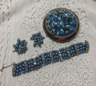 Vintage Aurora Borealis & Blue Pearls Beaded Bracelet Earrings Necklace Set