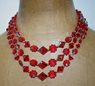 Vintage 3 Strand Ab Ruby Red Faceted Glass Crystal Flower Bead Choker Necklace