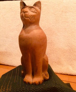 Vintage Hand Carved Wood Cat Figurine Statue Wooden Sculpture 70s Handmade 6.  75 "