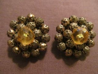 Vintage Ornate Brass Beads And Amber Round Cluster Earrings.  Clip On 1 1/8 "