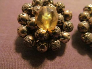 Vintage Ornate Brass Beads and Amber Round Cluster Earrings.  Clip On 1 1/8 