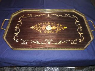 Vintage Italian Inlaid Wood Marqetry Serving Tray Ornate Brass Edging Handles