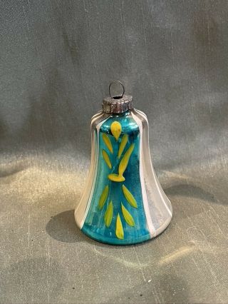 Vintage Silver,  White,  Blue & Yellow Mercury Glass Christmas Bell Ornament 3 " Tall