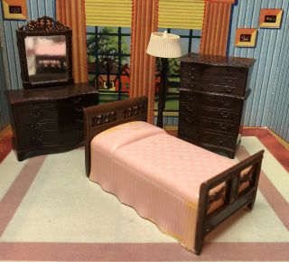 Renwal 4 Pc Bedroom Set Vintage Tin Dollhouse Furniture Miniature Plastic 1:16