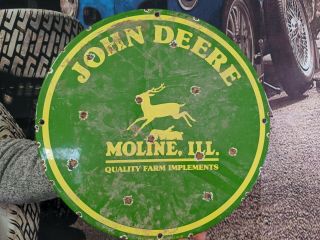 Vintage John Deere Gas Porcelain Sign Tractor Quality Farm Equipment Moline Ill.