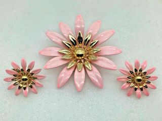 Vintage Sarah Cov Flower Brooch Pin And Clip - On Earrings Gold Tone Pink Enamel