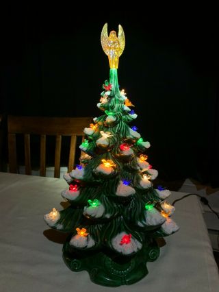 Vintage Atlantic Mold 16 " Lighted Snow Flocked Ceramic Christmas Tree 43 Bulbs