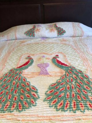 Vintage Double Peacock Chenille Bedspread 88 " By 102 " Repaired