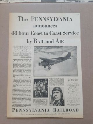 1929 Pennsylvania Railroad Newspaper Ad By Rail & Air Airway Limited Lindbergh