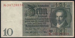1929 10 Reichsmark Germany Vintage Nazi Money Banknote Third Reich Currency Xf
