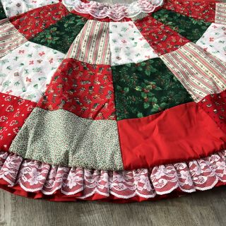 Vintage Handmade Patchwork Quilt Christmas Tree Skirt Lace Ruffle 48”