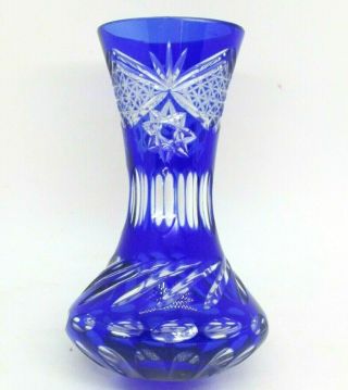Vintage Cobalt Cut To Clear Bohemian Glass Vase,  6 "