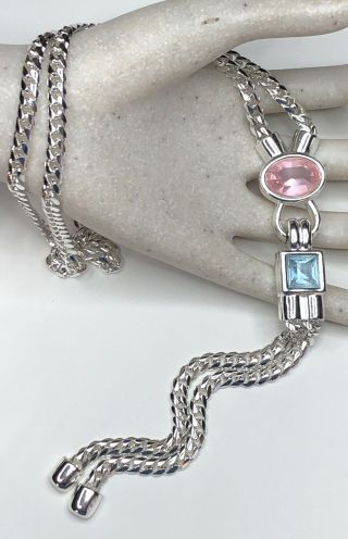 Vintage Signed Monet Silver Tone Pink & Blue Rhinestone Long Tassel Necklace