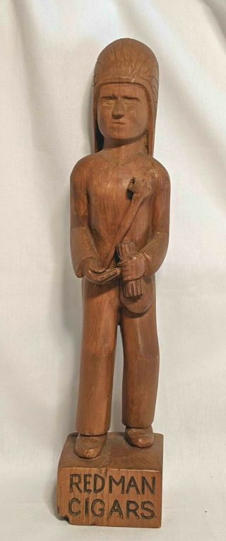 Collectible Carved Vtg Wood Folk Art Redman Cigars Indian Chief Signed 1986