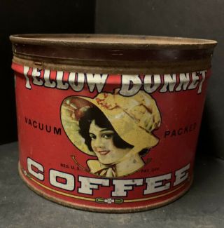 Vintage Yellow Bonnet Coffee Tin 1 Lb Can With Lid