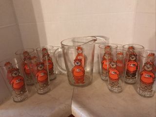 Vintage A&w " The Great Root Bear " Glass Pitcher With (8) Matching 16oz.  Glasses