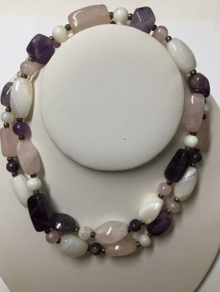 Vintage Polished Amethyst Rose Quartz Stone Bead Necklace Estate Jewelry