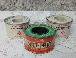 3 Vintage Advertising Adhesive Tape Tin Roll Dispensers Red Cross Curity