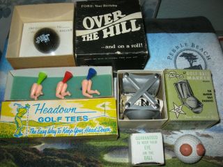 4 Vintage Golf Related Items,  Funny Tees,  " Pro " Golf Ball Marker,  & 2 Gag Gifts