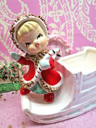 Vtg Ucagco Christmas Waving Santa Shopper Girl W Candy Cane Riding White Sleigh