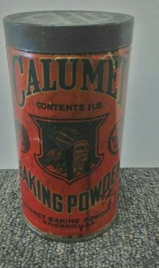 Vintage Early Calumet 1 Lb.  Baking Powder Tin Can American Indian Paper Label