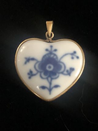 Vtg Bing & Grondahl Porcelain Gf Gold Filled Floral Heart Shape Pendant Denmark