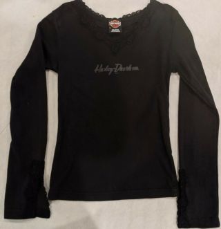 Harley Davidson Womens Long Sleeve Lace Trim Black Tee T - Shirt Top - Size Xl